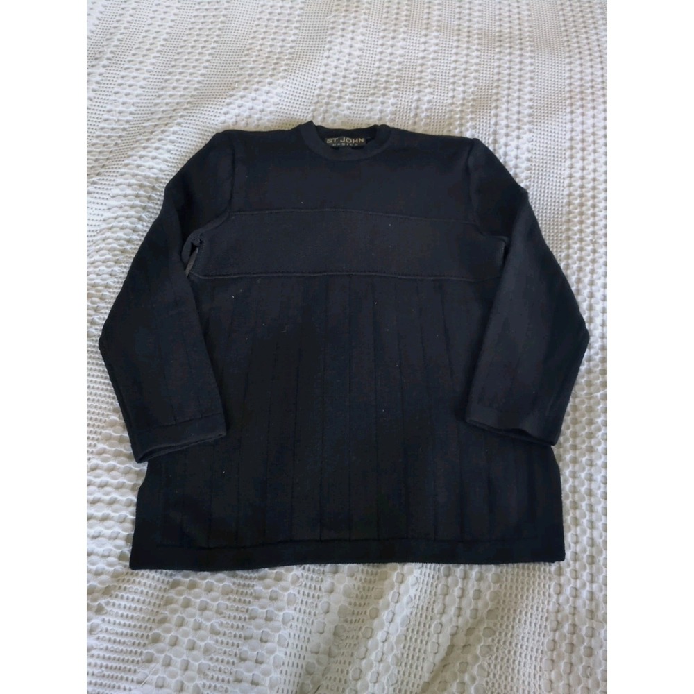 St John Basics Santana Knit Sweater Small Black Ribbed Pullover‎ Side Slit 3/4